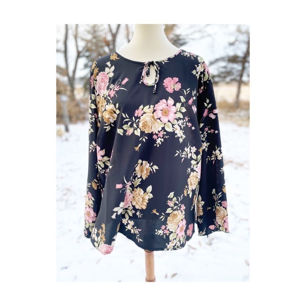 Vintage 90s Boho Black Floral Sheer Blouse Top Keyhole Chiffon Sz 2X